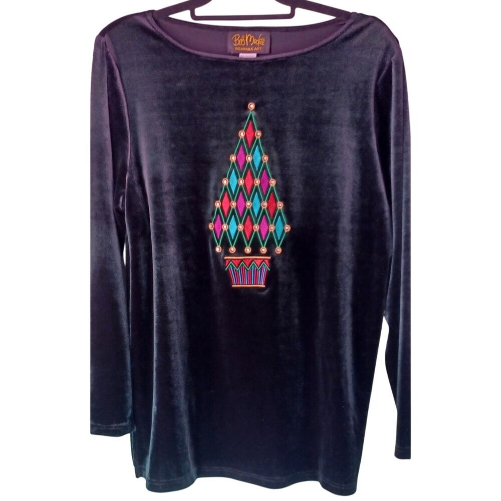 Vtg Bob Mackie Wearable Art Black Velour Christmas Tree Blouse Top Size Large